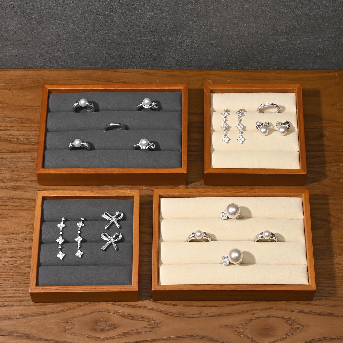 Woodten Solid Wood 3-Slots Jewelry Ring Display Tray Showcase Small Jewelry Display Organizer Tray for Rings(S,Beige)