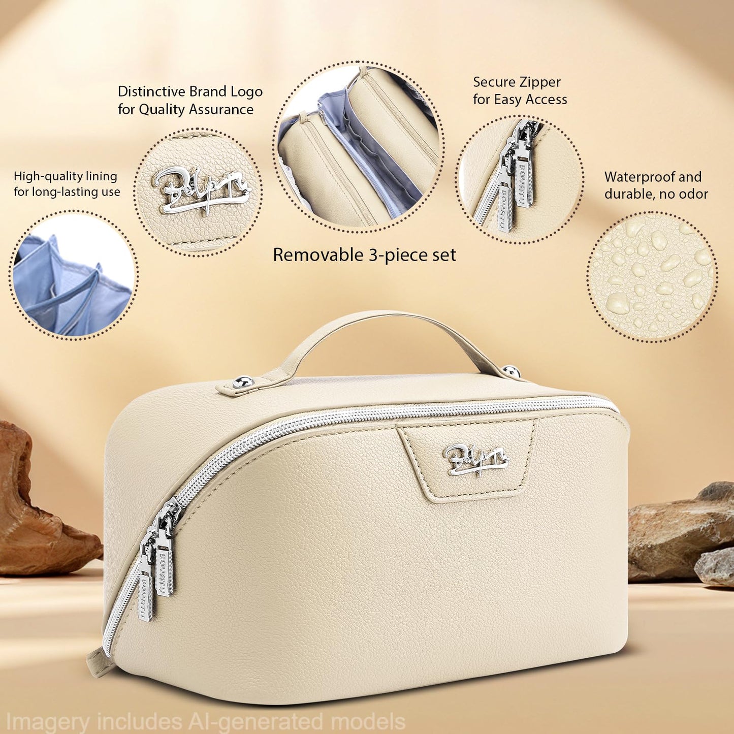 BOYATU Travel Makeup Bag Cosmetic Bags for Women: Large Capacity 3 Pcs Set Make up Bag with Compartments - Waterproof Vegan Leather Toiletry Organizer Bags with Handle (L27Off-white)