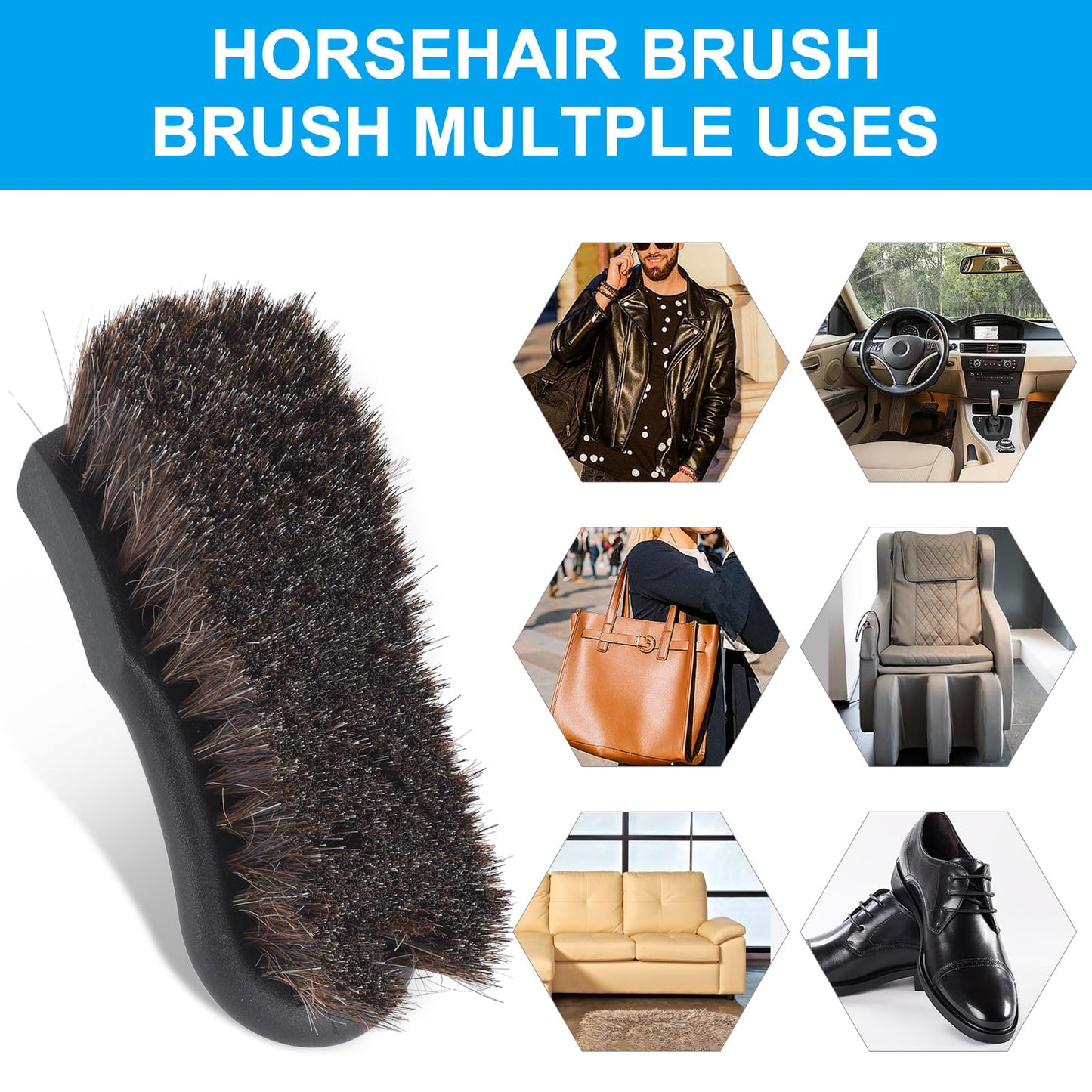 Wiojtry Upholstery Brush, Upholstery Brush Set, Leather Cleaning Brush, Carpet Brush Car Cleaning Brush, Long Bristle Horse Hair Car Cleaning Brush for Car Interior Leather Seat and Home Furniture