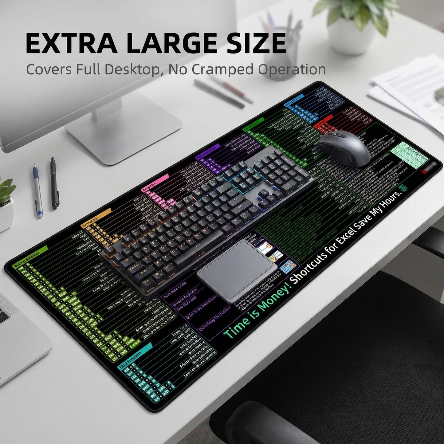 Excel Shortcut Keys Mouse Pad, Extended Large Desk Mat (31.5x11.8 Inch) with Non-Slip Base & Washable Surface for Gaming, Computer, Office Desk