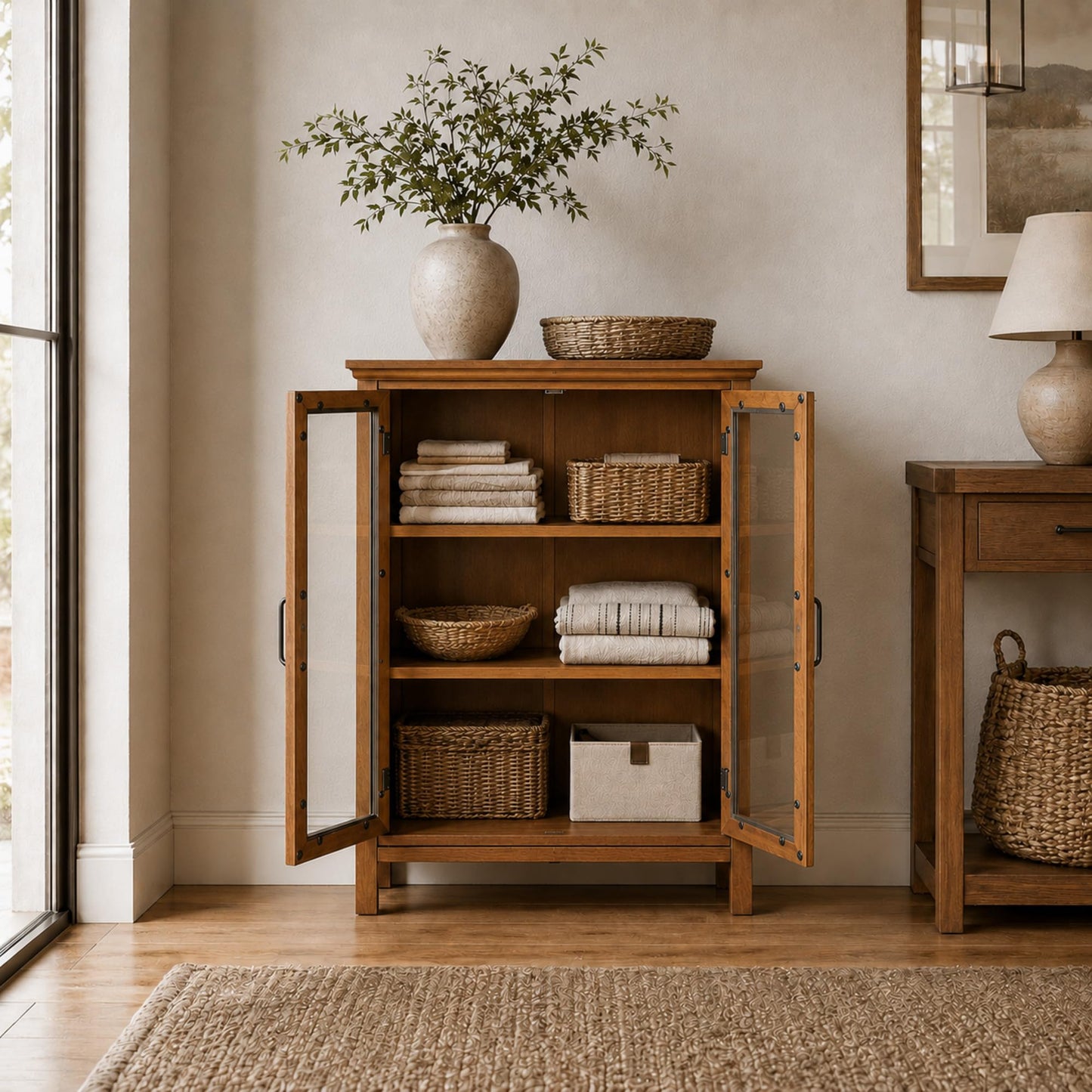 Teamson Home Avery Wooden Freestanding Floor Cabinet with 2 Adjustable Shelves 3 Storage Spaces 2 Glass Paneled Doors and 2 Antique Brass Knobs, Oiled Oak