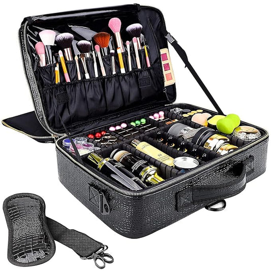 gzcz Large Capacity Travel Makeup Case Organizer,Professional Cosmetic Bags for Women,Waterproof PU Leather Makeup Bag with Adjustable Dividers and Shoulder Strap for Brushes and Jewelry