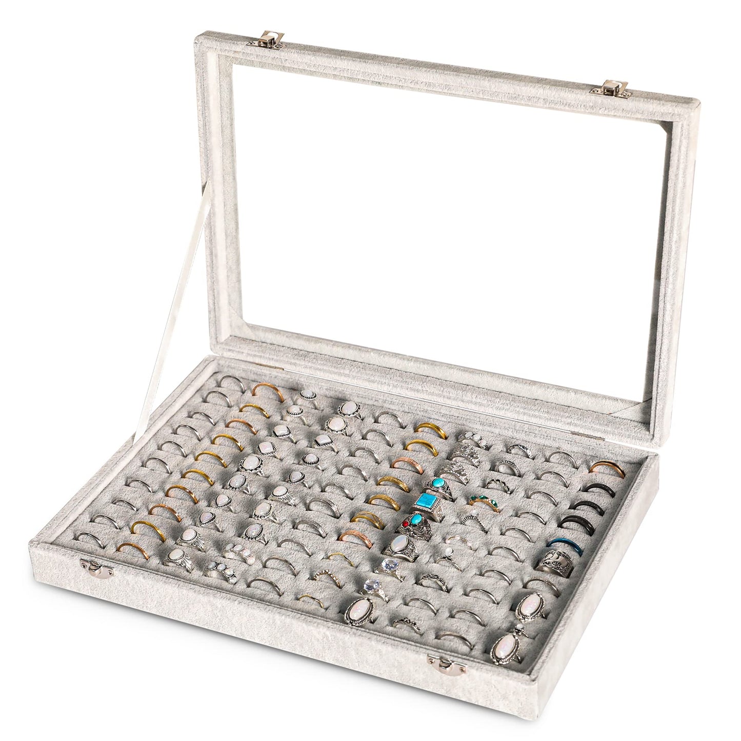Frebeauty Ring Organizer Tray 100 Slots Ring Holder with Clear Lid Velvet Storage Box Jewelry Tray for Jewelry Store Earring Display Case for Jewelry Show Studs Box for Women(Grey)