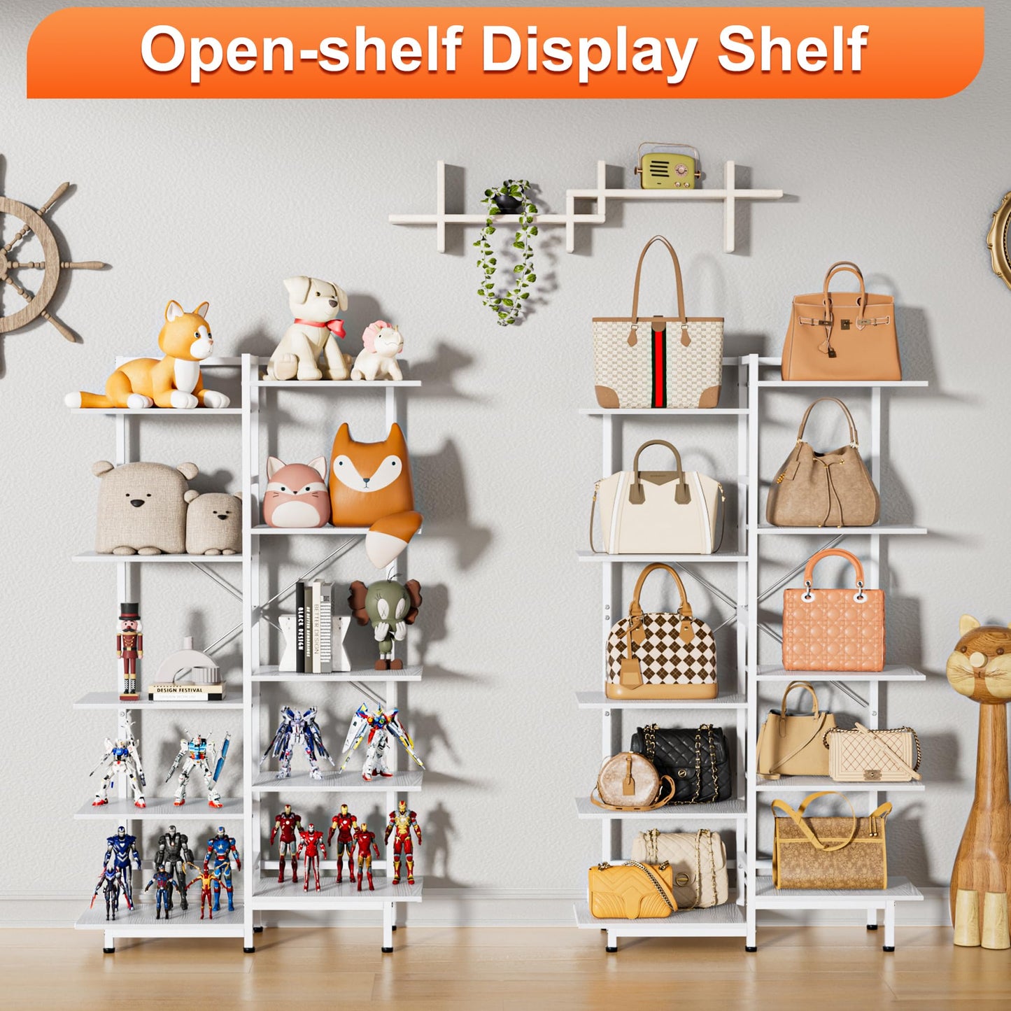Aquzee Purse Display Shelf, 5 Tier Purse Rack, Tall Purse Organizer, Bag Handbag Organizers for Women Closet Cloakroom Bedroom Entryway, White
