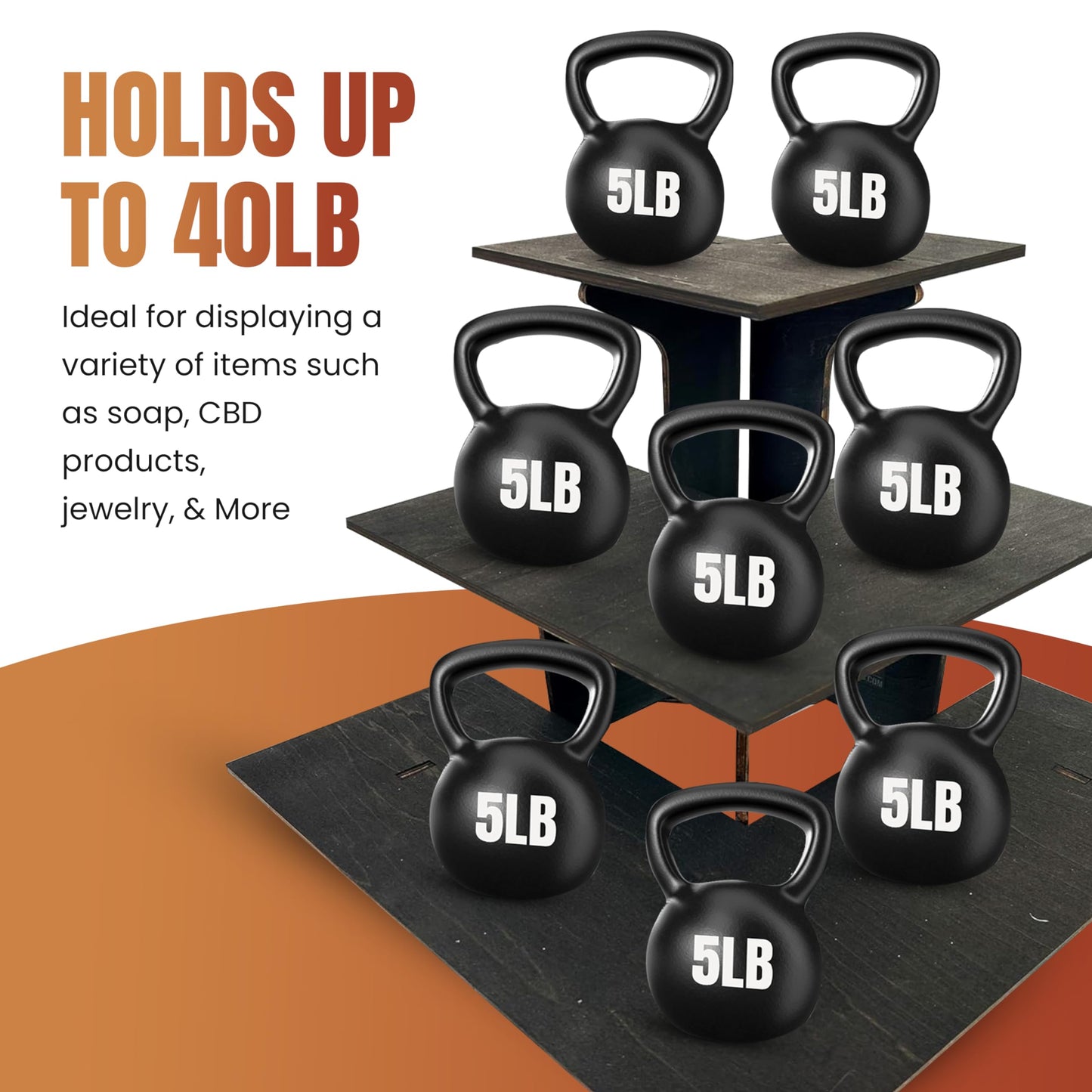 Torched 3-Tier Ebony Retail Table Display Corner Stand with Shelves for Products - Portable