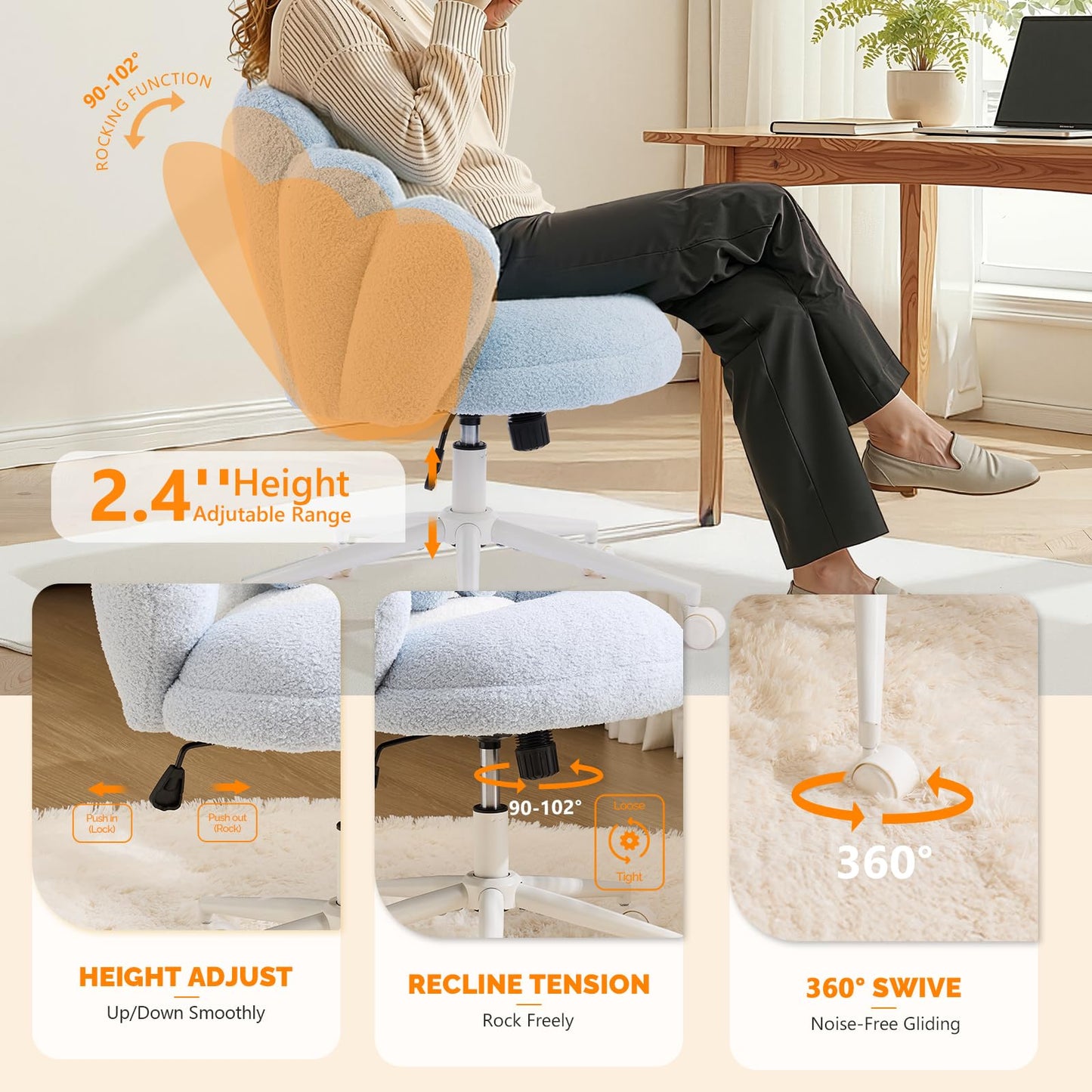 VINGLI Lovely Petal Vanity Desk Chair with Star Pillow, Height Adjustable Armless Swivel Chair in Vibrant Color-Blocking, Modern Computer Task Chair for Bedroom & Home Office, Teddy Fleece,Blue