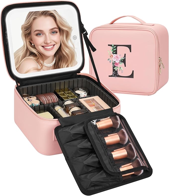 Relavel Initial Makeup Bag with LED Mirror for Women Girls, Personalized Travel Cosmetic Organizer Train Case, Birthday Gifts for Grandkids Bridesmaid Graduation Teacher Friends, Trendy Stuff, Pink E