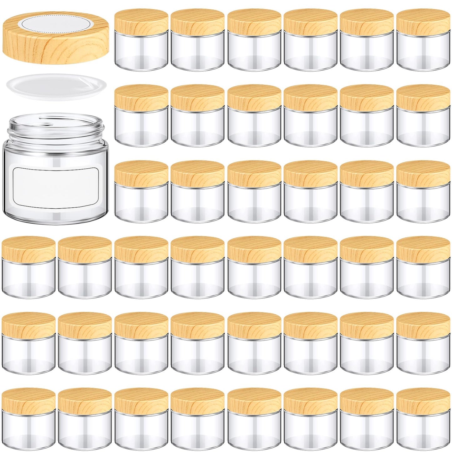 Layhit 2 oz Glass Jars with Lids, 24 Pack Clear Glass Jars with Woodgrain Lids Empty Cosmetic Containers Round Airtight Jar with Inner Liners, Labels and Lid for Storing Lotions Powders and Ointments
