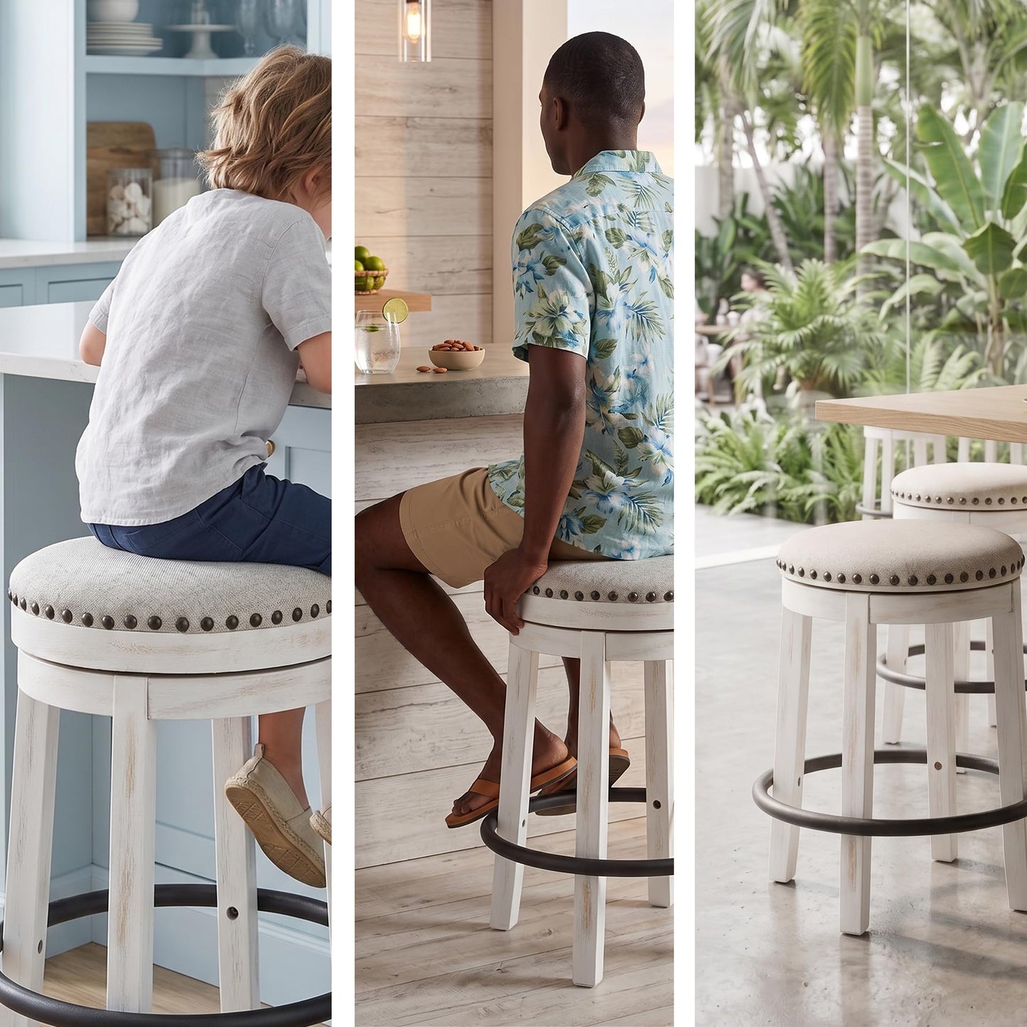 Signature Design by Ashley Valebeck Casual Upholstered Swivel Stool, Round Metal Footrest, Nailhead Trim Detail, Wood, 24", White & Black