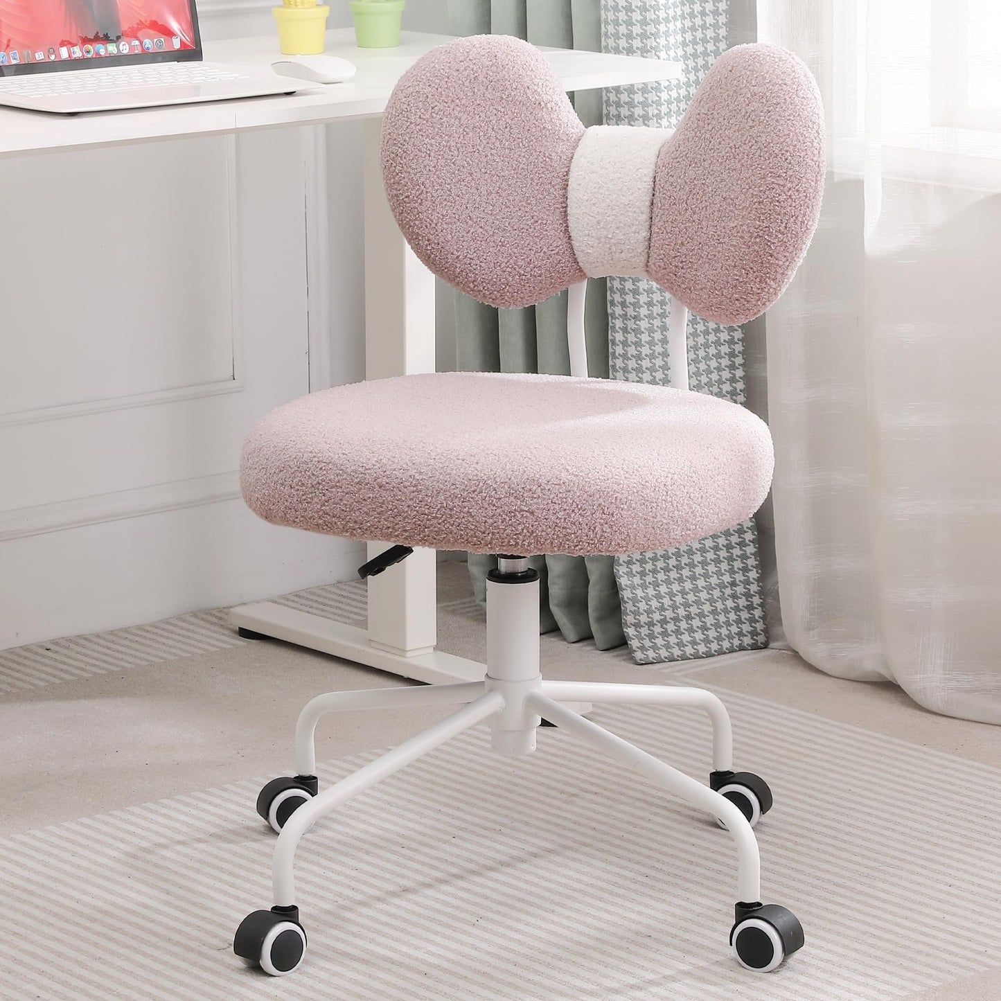 Shiepu Cute Desk Chair with Back,Comfy Small Office Chair with Wheels, Armless Adjustable Rolling Swivel Computer Chair for Home Office,Make-up Room,Bedroom,Vanity Chair for Girls,Teddy Velve,Pink