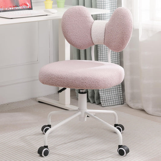Shiepu Cute Desk Chair with Back,Comfy Small Office Chair with Wheels, Armless Adjustable Rolling Swivel Computer Chair for Home Office,Make-up Room,Bedroom,Vanity Chair for Girls,Teddy Velve,Pink