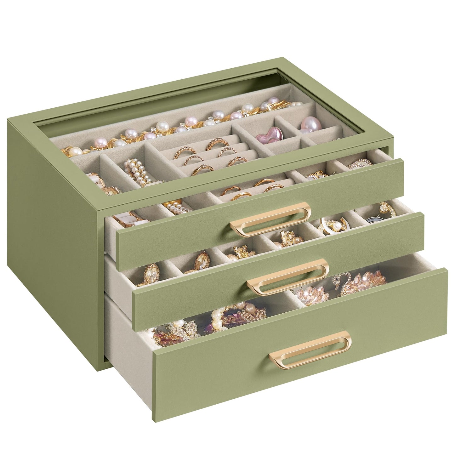 SONGMICS 3-Layer Jewelry Box with Glass Window, Jewelry Storage Organizer with 3 Drawers, Golden Handles, for Rings, Earrings, Bracelets, Gift Idea, Sage Green, 6.3 x 9.4 x 4.9 Inches UJBC206CE01S