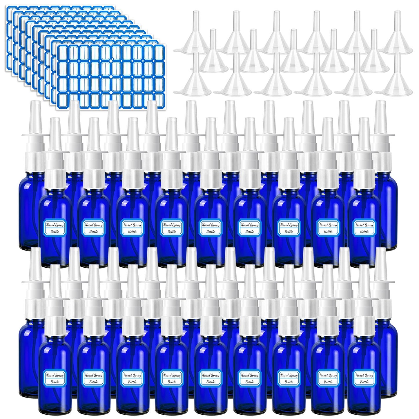 ZHWKMYP 100 Pcs Nasal Spray Bottle, 1OZ/30ML Glass Bule Empty Nasal Spray Bottles Refillable with 20 Funnels and 20 Labels