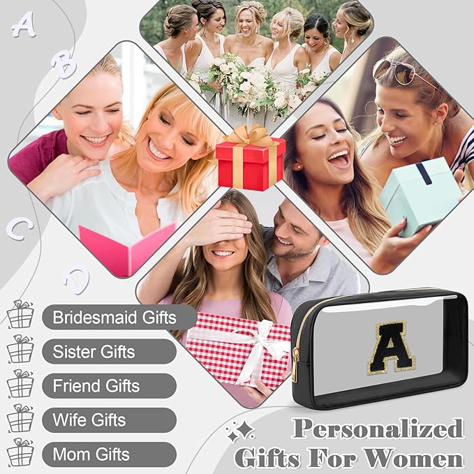 Personalized Initial Letter Clear Makeup Bag,Preppy Small Nylon&PVC Cosmetic Zipper Bag with Chenille Letter,Travel Skincare Toiletry Bag,Monogram Christmas Gift for Teen Girls Women,A