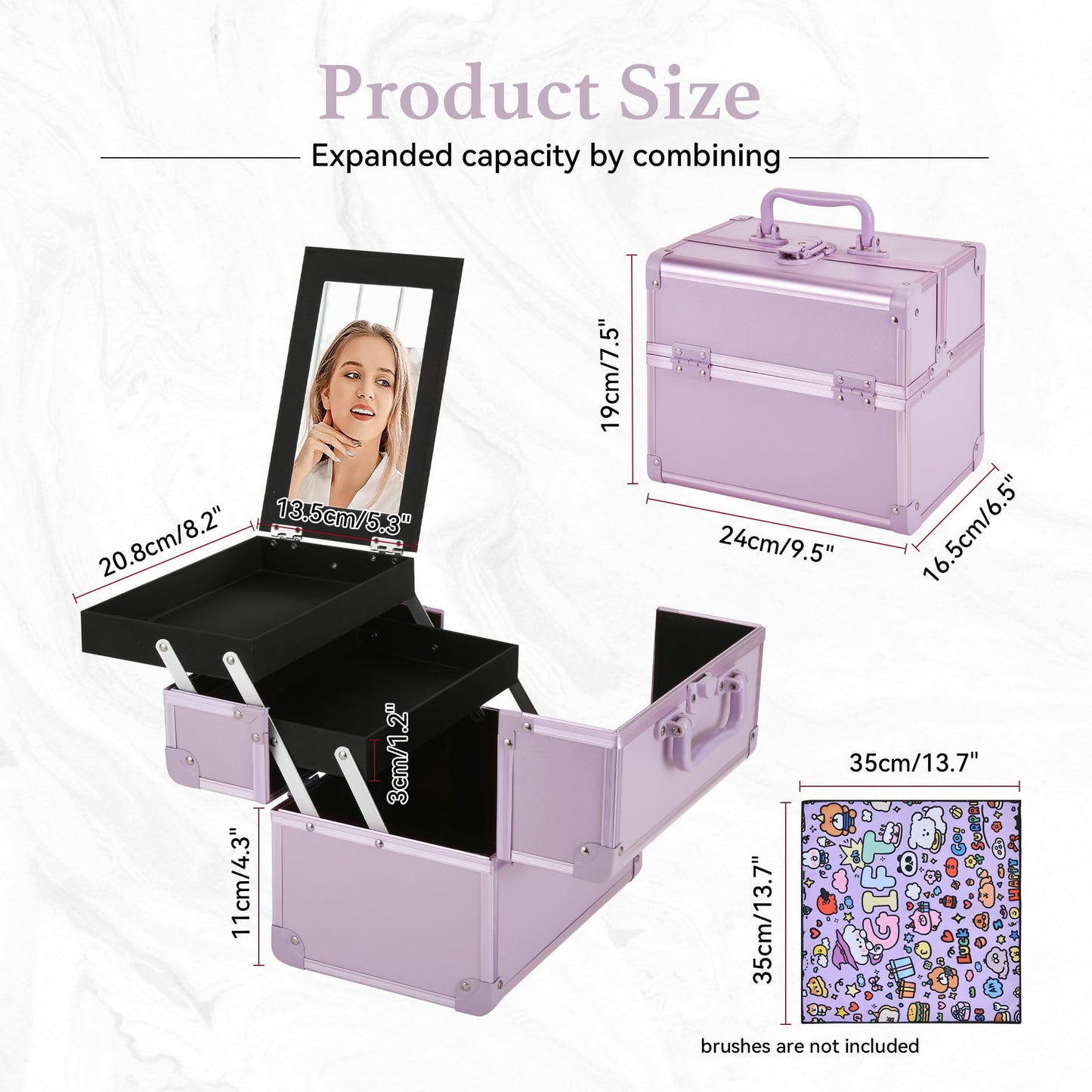 GALHUBIS Makeup Train Case, Portable Makeup Case with Mirror, 2-Trays Cosmetic Organizer Case,Nail Polish Organizer, Travel Makeup Box, Profesional for Salon Barber, Purple