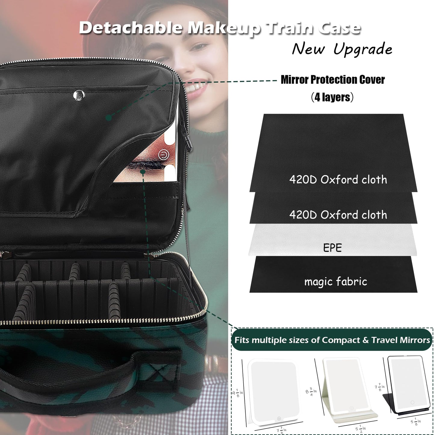 MOMIRA Makeup Train Case with Light-up Mirror, Cosmetic Bag Organizer, Portable Travel Makeup Case with Adjustable Dividers, Waterproof, Zebra-Green