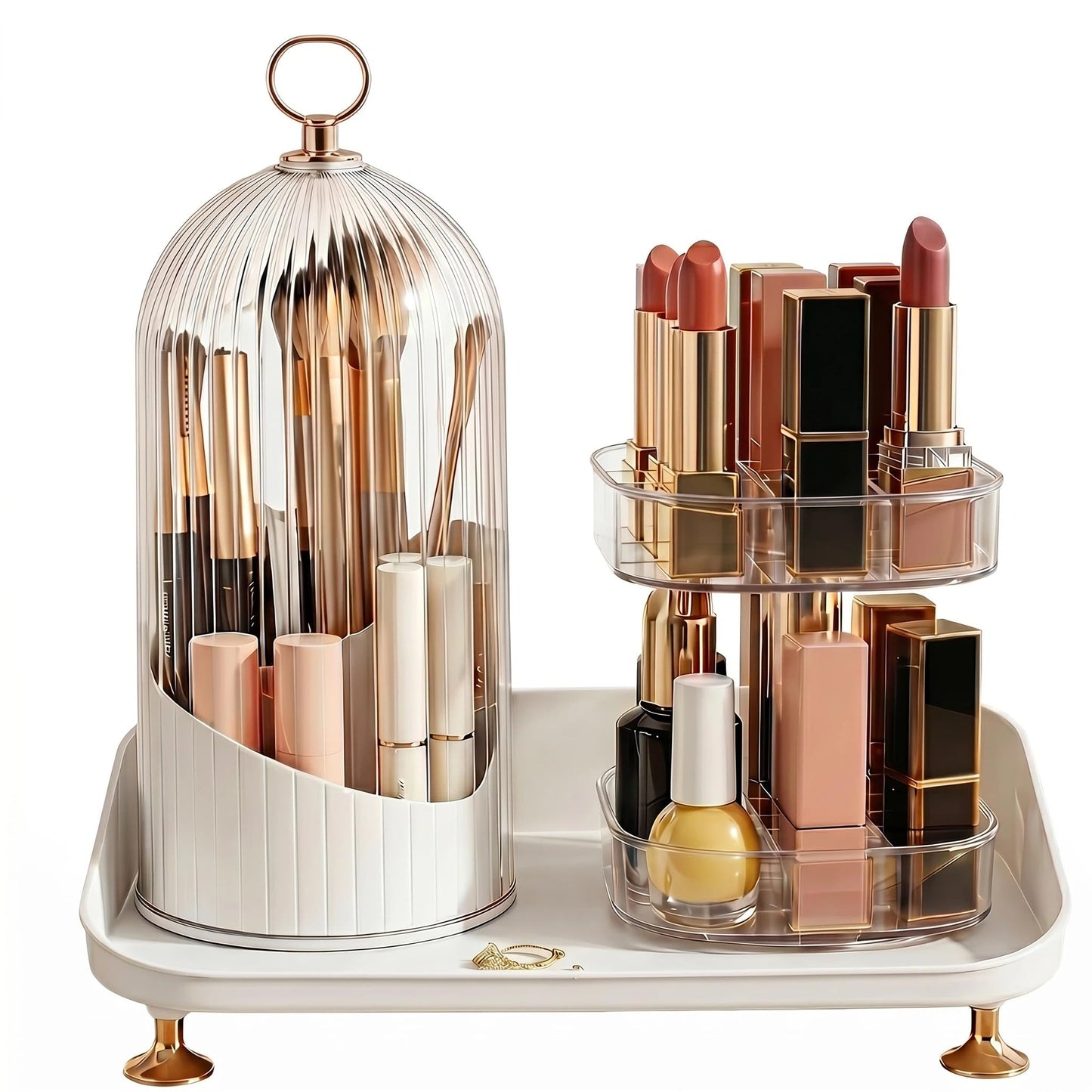 Bazhahei 3IN1 Dustproof Rotating Makeup Organizer with Birdcage Lid, 360° Spin Makeup Brush & Lipstick Storage Holder for Vanity Dresser: Ideal for Press-On Nails & Tiny Jewelry