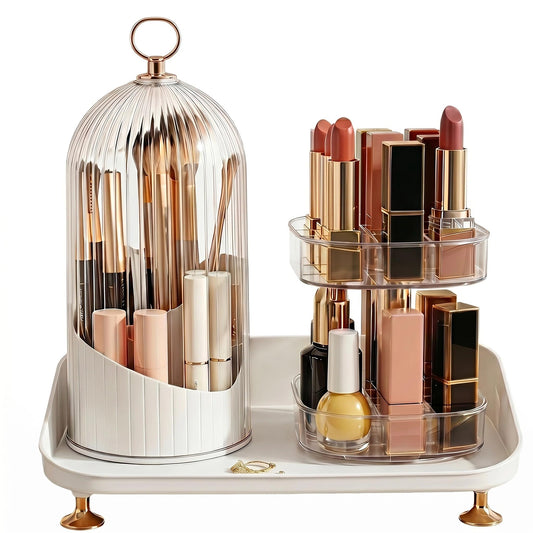 Bazhahei 3IN1 Dustproof Rotating Makeup Organizer with Birdcage Lid, 360° Spin Makeup Brush & Lipstick Storage Holder for Vanity Dresser: Ideal for Press-On Nails & Tiny Jewelry