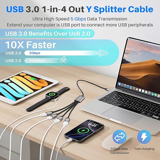USB 3.0 Splitter 1-In-4 Out Y-Adapter Cable 2Feet, 5Gbps USB-A 3.0 Male to four 4 Female OTG Extension Cord, 4 USB Type-A Multi-Port Connector Extender Hub, Data Charger Power Splitter for Car, Laptop