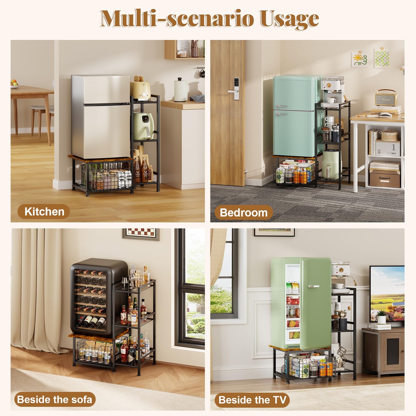 Yuyetuyo Mini Fridge Stand with Storage, Coffee Bar with Mini Fridge Space, Small Refrigerator Stand, Wine Cabinet, Kitchen Storage with Basket for Dorm, Apartment, Living Room, Office