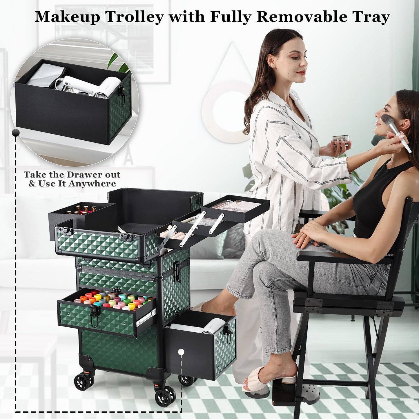 Joligrace Rolling Makeup Case with Drawers - Tattoo Storage Organizer Travel Cart for Nail Tech, Cosmetology, Barber Tools - Portable Suitcase on Wheels Dark Green