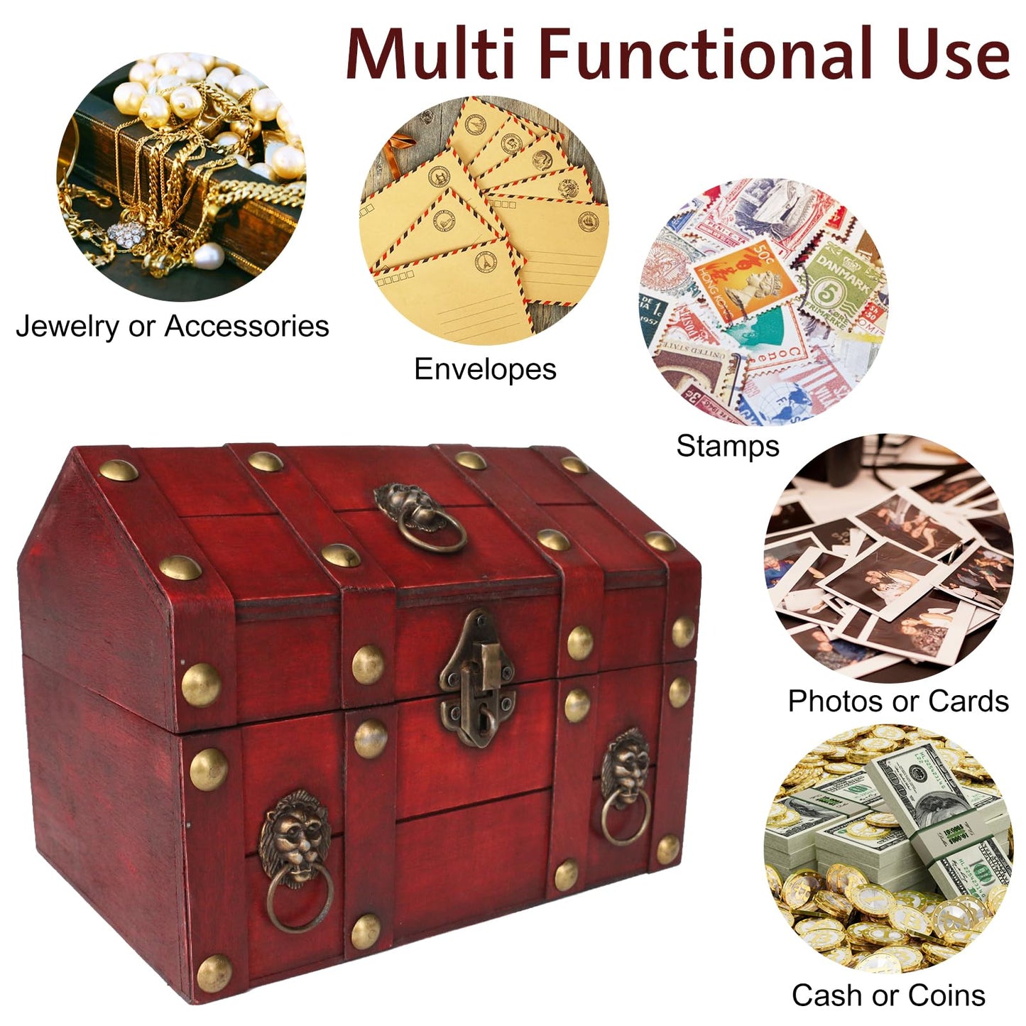 HonyQiShuo Decorative Wood Treasure Chest Box with Small Metal Lock