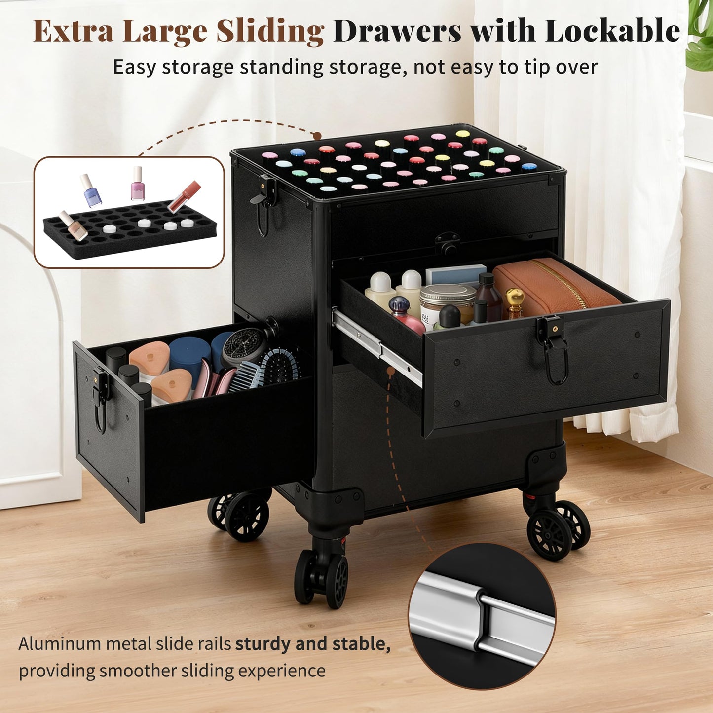 AROUS Rolling Makeup Case with 3 Drawers, Cosmetology Case on Wheels 5 IN 1 Makeup Train Case Make Up Organizer for Artist Salon Nail Teach Trunk,Black