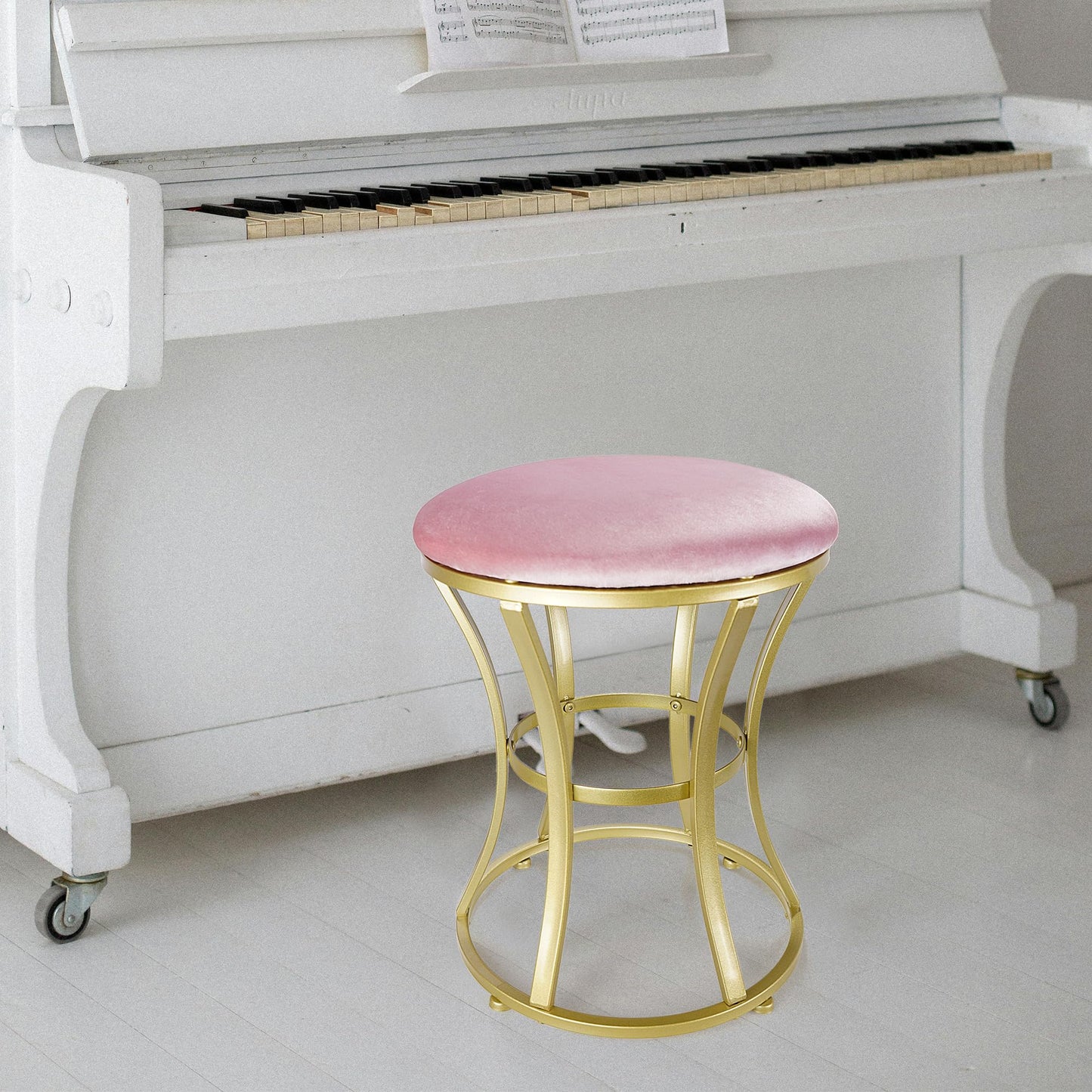Ellensamqi Velvet Round Vanity Stool Chair,Pink Velvet Footrest Ottoman Foot Stool Seat with Golden Metal Legs,Makeup Chair for Bathroom Vanity,Bedroom,Living Room