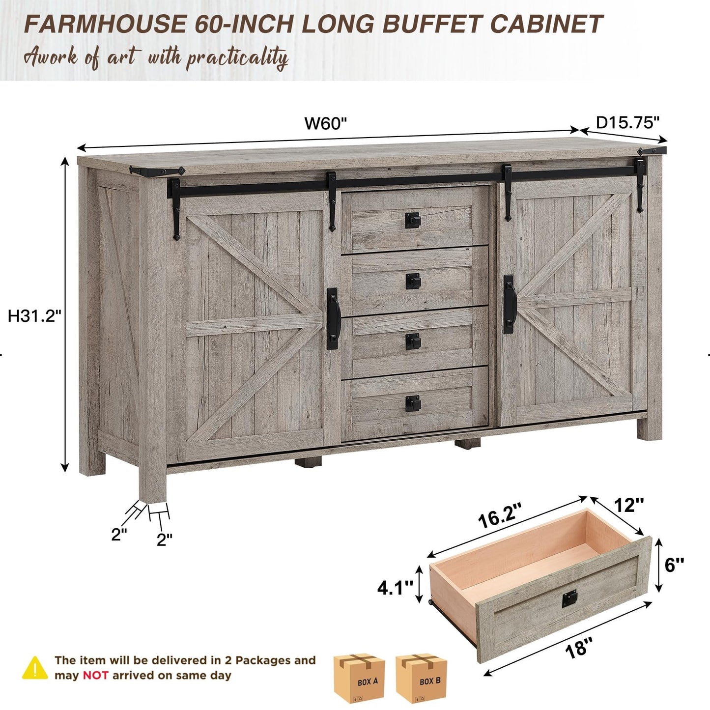 T4TREAM Farmhouse Sideboard Buffet Cabinet with Storage, 60" Large Kitchen Cabinet w/Sliding Barn Doors and 4 Drawers, 31.2'' Tall Rustic Wood Coffee Bar Table for Dining Room, Light Rustic Oak
