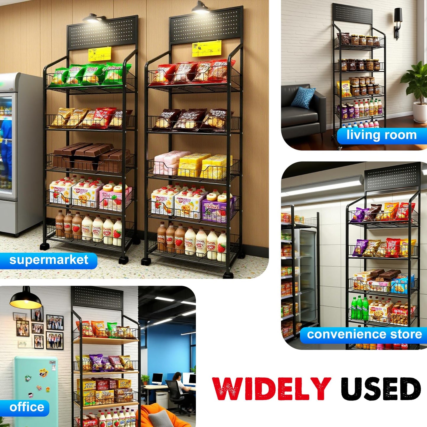 5 Tier Retail Candy Display Rack Metal Storage Shelf with Wheels & 15 Hooks Concession Candy Snack Display Racks Sturdy and Stable Chip Shelf Rack for Stores, Kitchen, Office (5 Tier Black 50cm)
