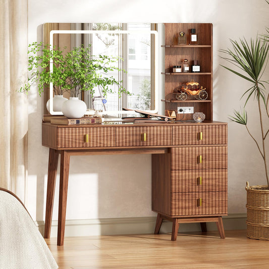 Large Makeup Vanity Desk with Mirror and Lights, Vanity Desk with 6 Drawers & Storage Shelves, Vanity Table with Power Outlet, 3 Color Modes & Adjustable Brightness Dressing Table, Bedroom,Walnut1