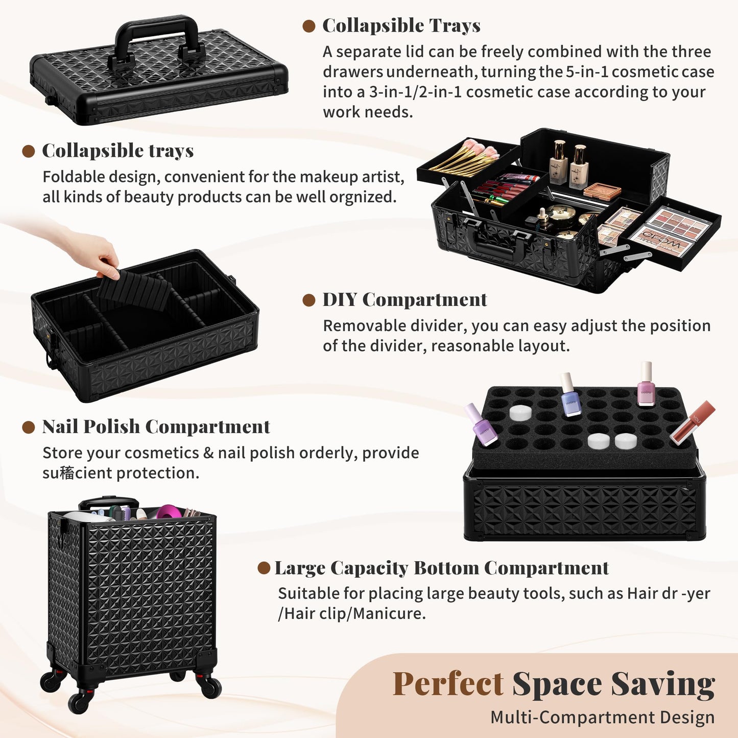 AROUS 5 in 1 Rolling Makeup Train Case Cosmetology Case on Wheels Large Cosmetic Organizer Travel Cart for Hairstylist Artist Nail Beauty Salon Barber, Black