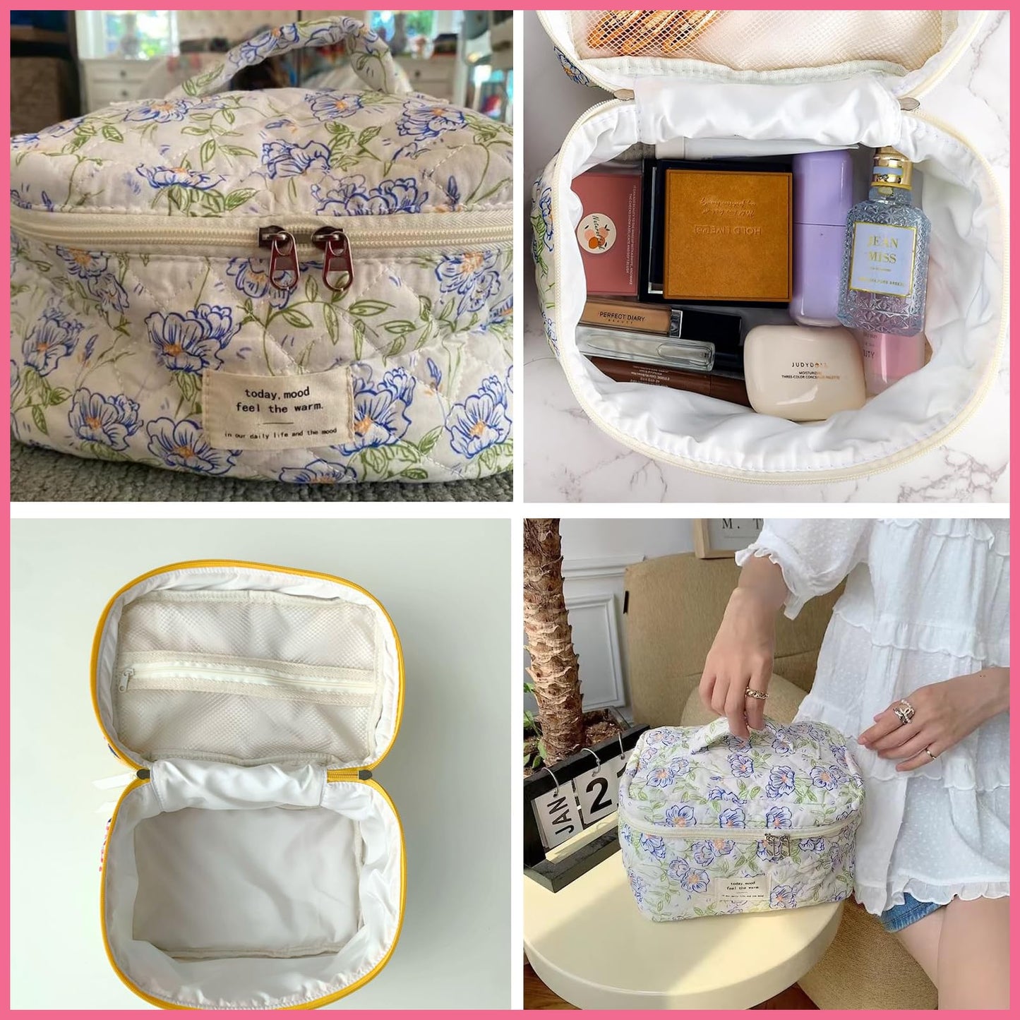 uekeboag Large Travel Quilted Makeup Bag for Women, Floral Cotton Cosmetic Bag, Coquette Aesthetic Floral Toiletry Organizer Bag (03White-Bear)