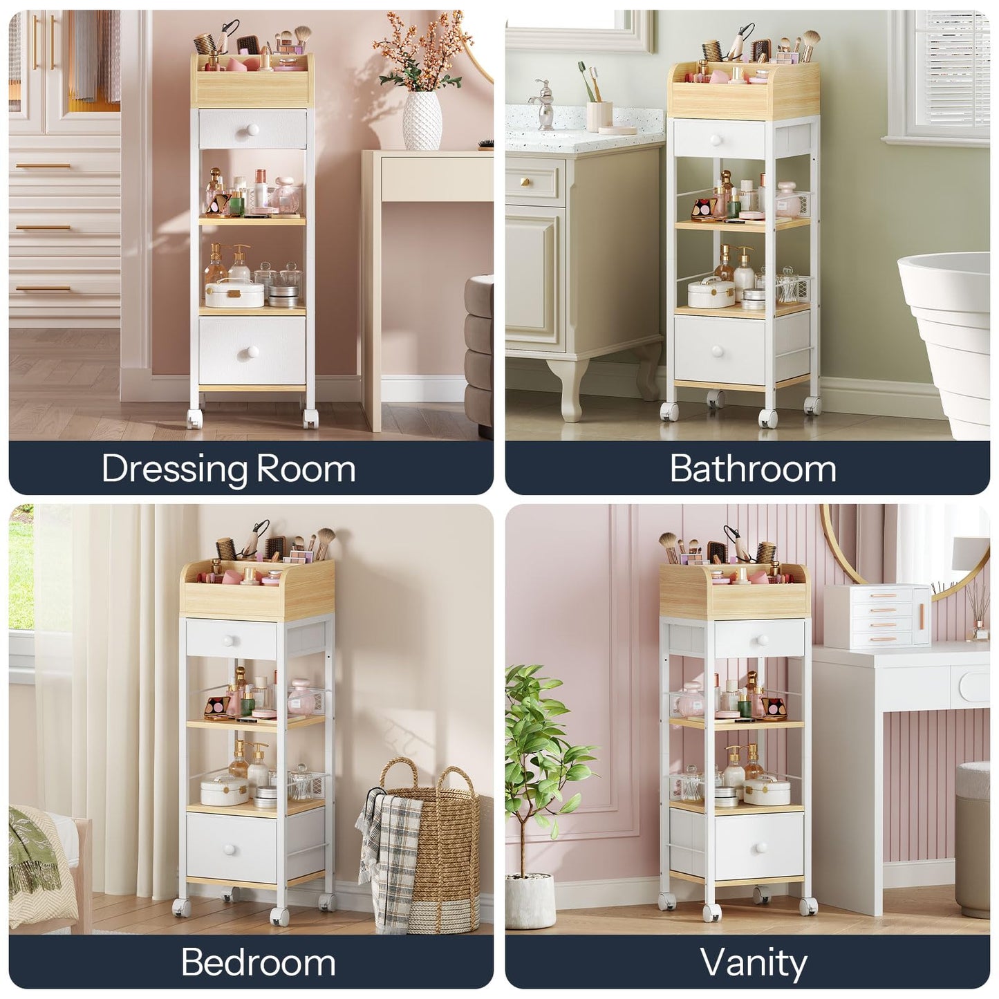 HOOBRO Makeup Organizer Cart with Fabric Drawers, Mobile Makeup Storage with Swivel Casters and Leveling Feet, Cosmetics Display Holder for Bathroom and Bedroom Vanity, White and Natural WN20TC04