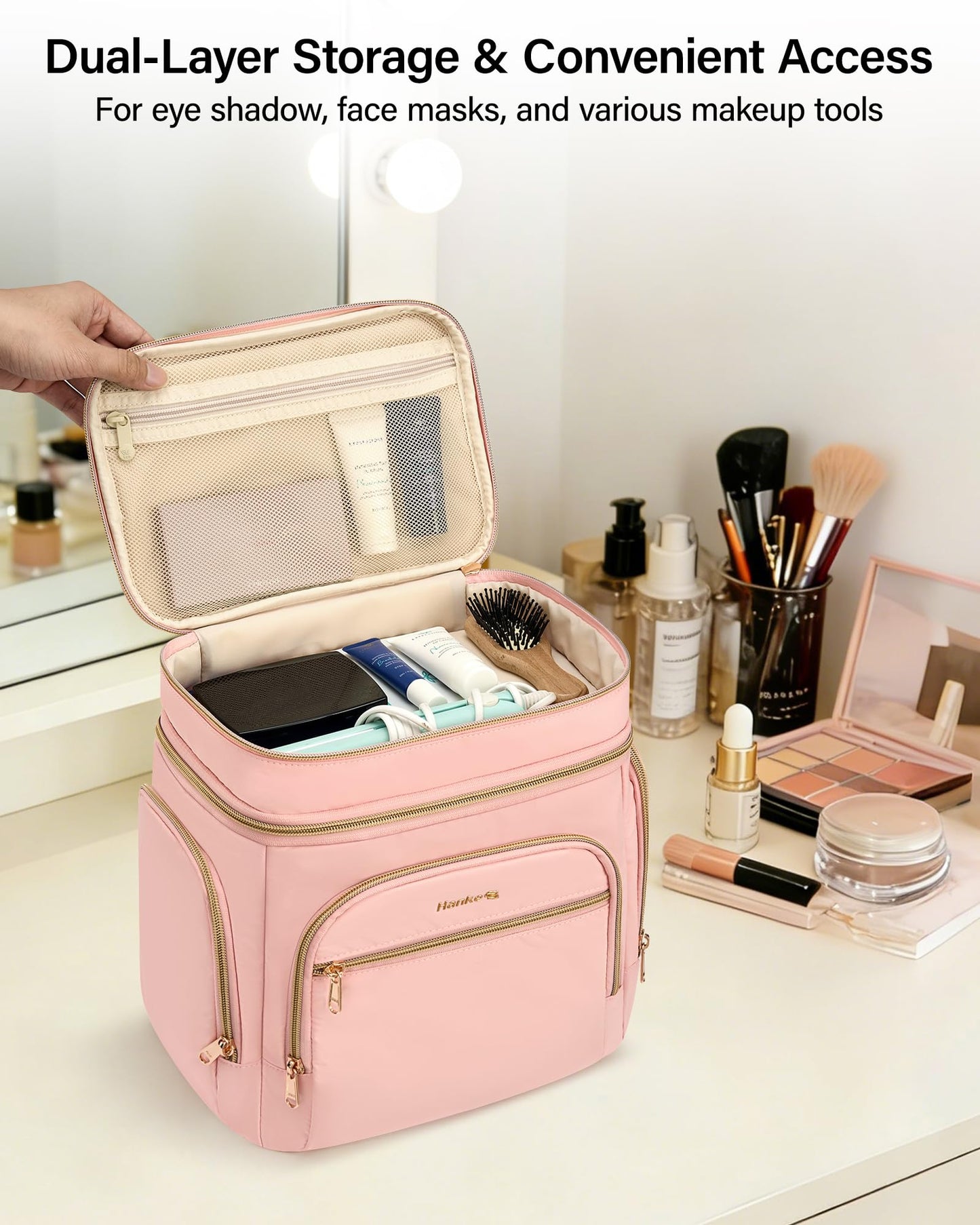 Hanke Large Toiletry Bag for Women Travel, Double Layer Organizer with Wide Opening for Full-Size Cosmetics & Toiletries, 12.2L Water-Resistant Makeup Bag,Pink