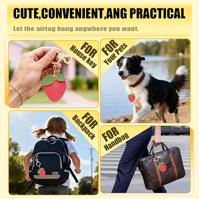 Leather Keychain for Airtag, Cute Protective Keychain Holder Compatible with Apple Air Tag,GPS Item Tracker Case Cover for Keys,Bags,Pets,Luggage(Strawberry)