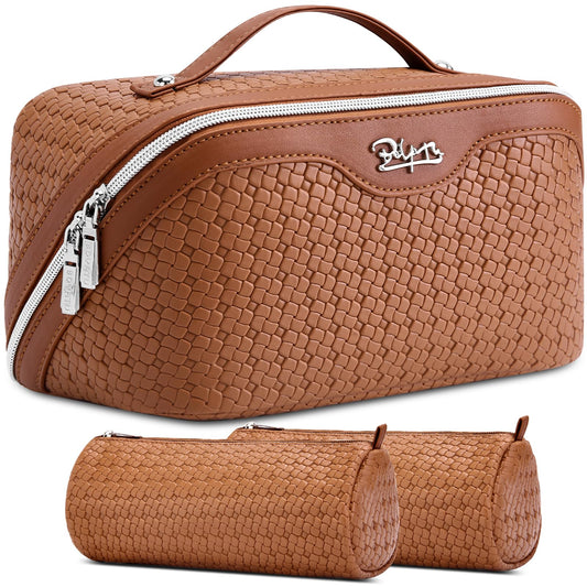 BOYATU Travel Makeup Bag Cosmetic Bags for Women: Large Capacity 3 Pcs Set Make up Bag with Compartments - Waterproof Vegan Leather Toiletry Organizer Bags with Handle (L53Brown)
