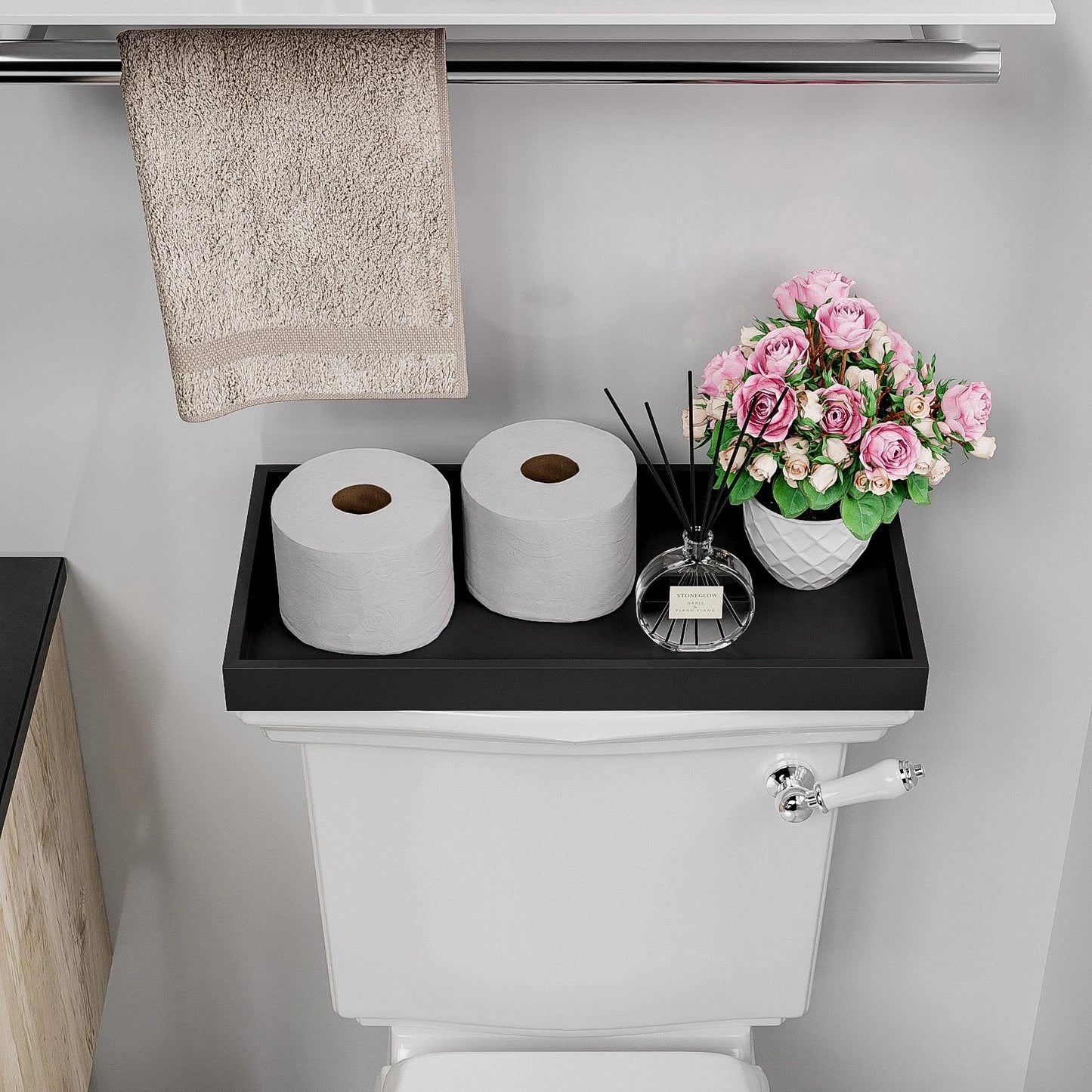 ZHWS Black Bathroom Vanity Tray for Countertop Perfume Makeup Jewelry Candle Decor, Kitchen Tray for Soap Dispenser Spice Salt, Large Black Tray for Toilet Tank Paper, Serving Nightstand 13”x6.5”