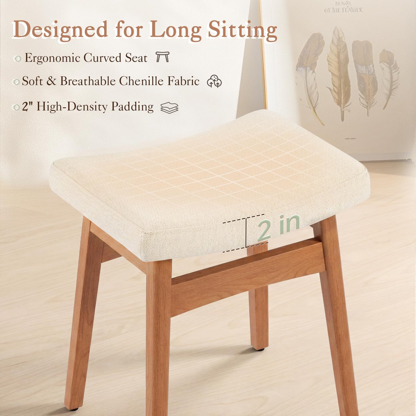 LUE BONA Solid Wood Vanity Bench Stool, 17.3" H Ergonomic Saddle Stool, 2'' Sick Upholstered Vanity Chair for Makeup Room, Bedroom & Bathroom, 300lbs, Linen
