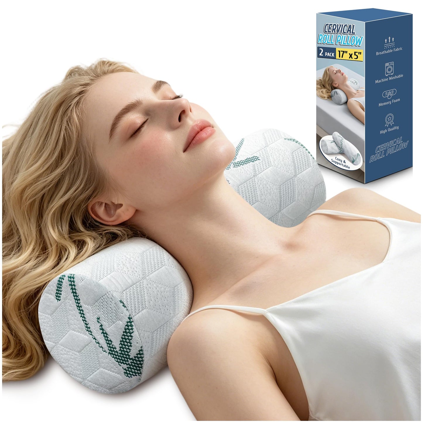 Cervical Roll Pillow, Cylinder Neck Pillow with Removable Washable Cover