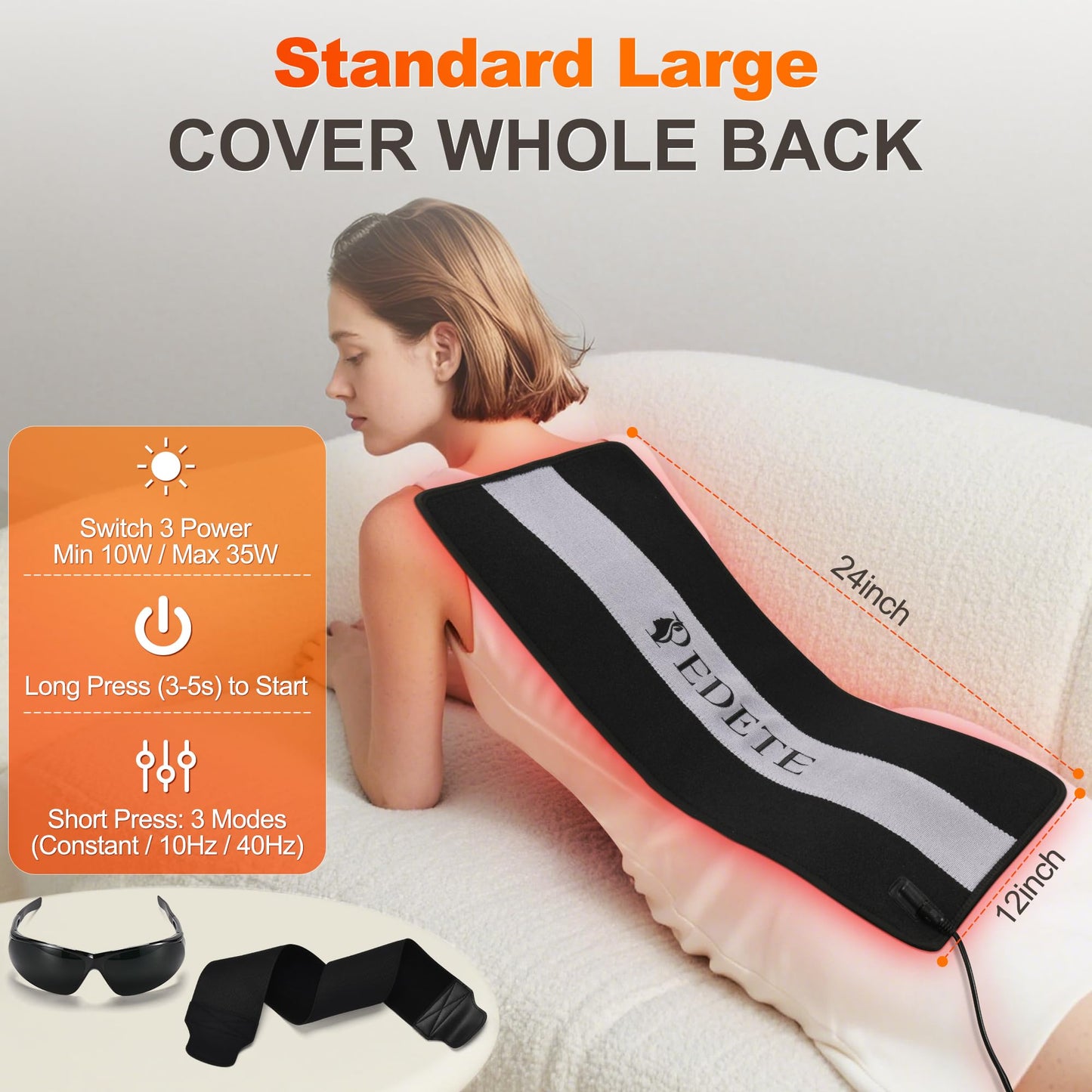 Pedete Red Light Therapy Pad for Body, 24’’×12’’ Large Infrared Light Therapy Panel with Timer Remote Control, 660nm 850nm Home Office Daily Use on Back Shoulder Knee Leg & Pets (with Elastic Strap)
