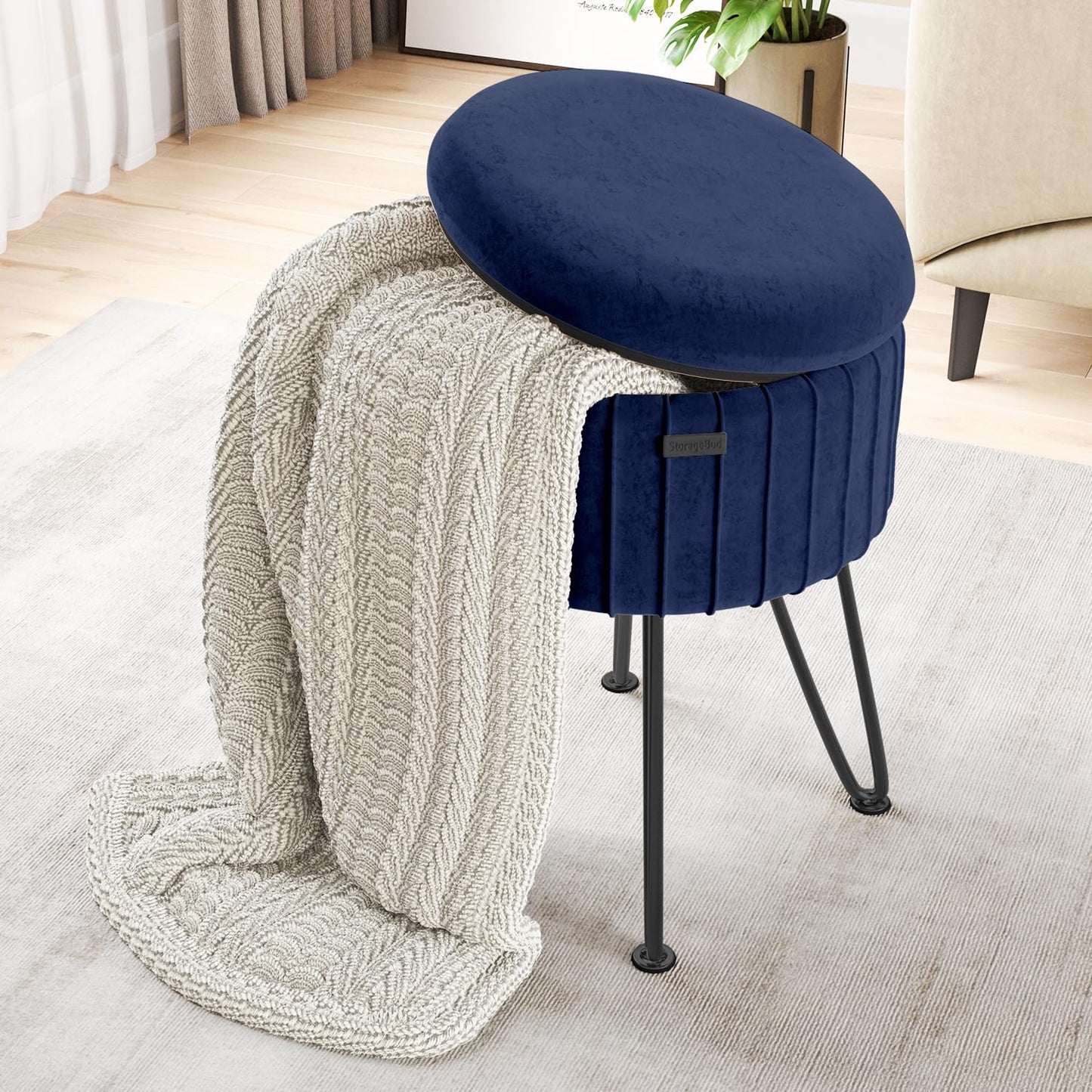 STORAGEBUD Round Ottoman with Storage, Pleated Velvet Storage Ottoman, Foot Stool Ottomans, Makeup Vanity Stool, Small Ottomans Foot Rest, Modern Vanity Stools for Living Room and Bedroom, Blue