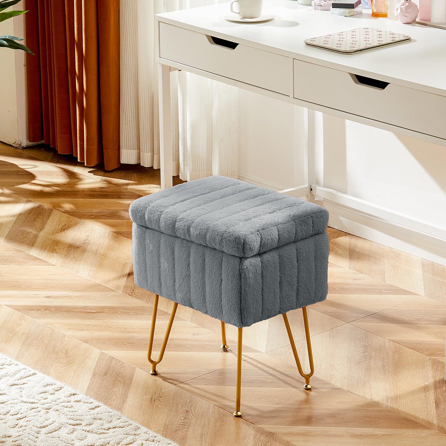 Sweetcrispy Vanity Stool Chair with Storage, 18.9”H x 16”L x 12.2”W Ottoman Chair Faux Fur Soft Padded Makeup Footstools Seat with 4 Metal Legs Anti-Slip Adjustable Feet for Make Up, Grey