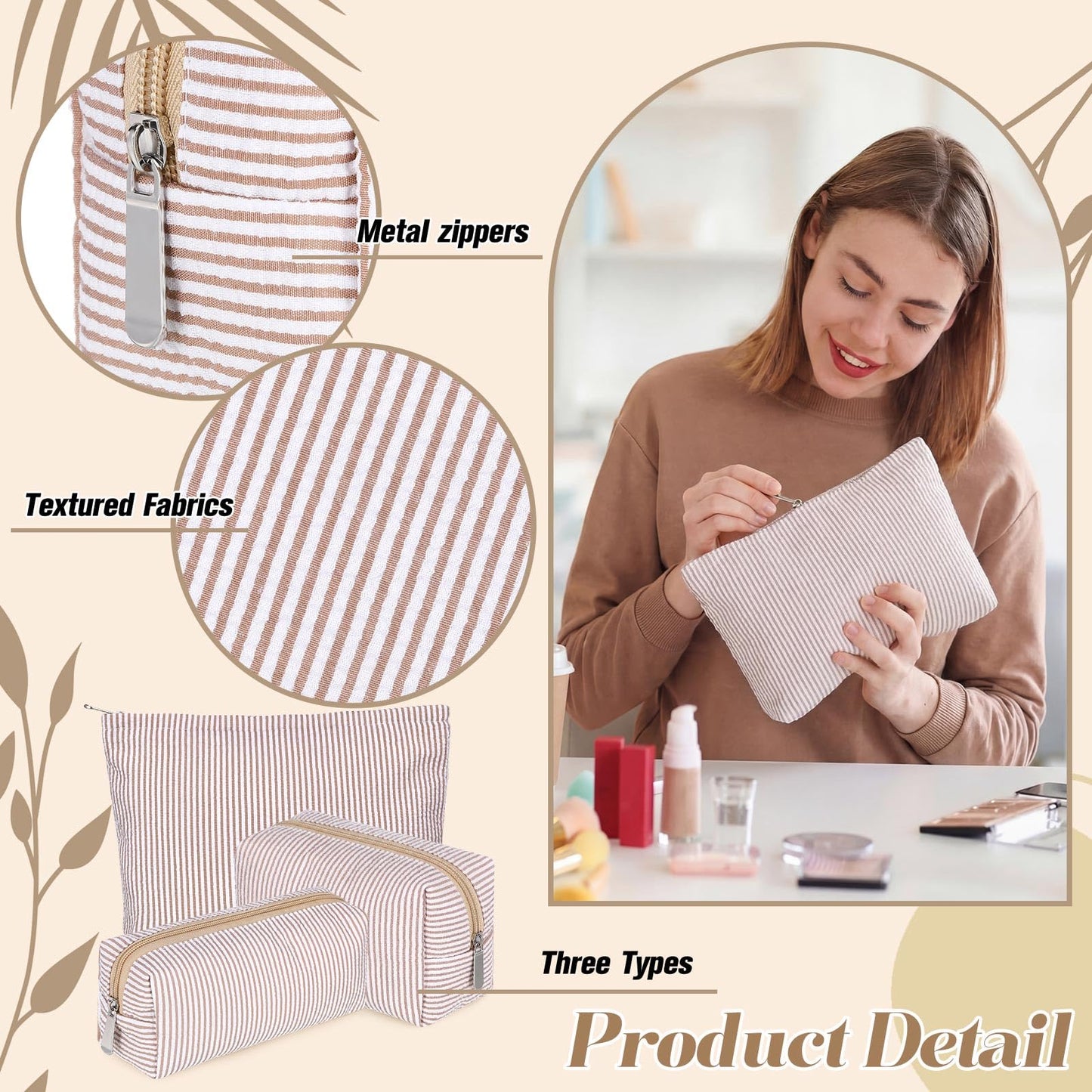 Huhumy 3 Pcs Makeup Bag Set Cute Stripe Cosmetic Pouch for Women Aesthetic Seersucker Travel Toiletry Bag Set Preppy Small Makeup Purse Pouch Cosmetic Organizer Pencil Case with Zipper(Khaki)