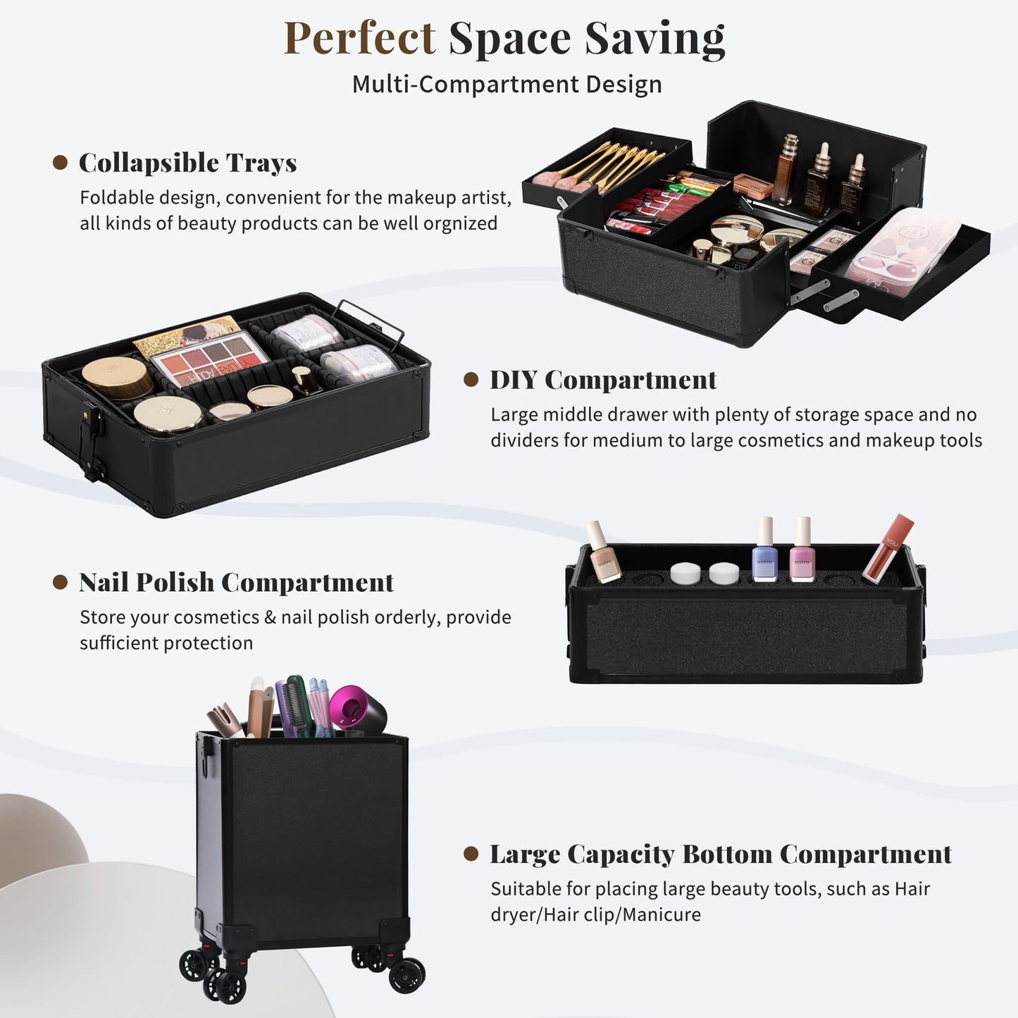 JINGUAN Profesional Rolling Makeup Train Case with Lid, 5 in 1 Cosmetology Case on Wheels, Large Cosmetic Trolley Organizer Travel for Hairstylist Artist Nail Beauty Salon Barber, Black