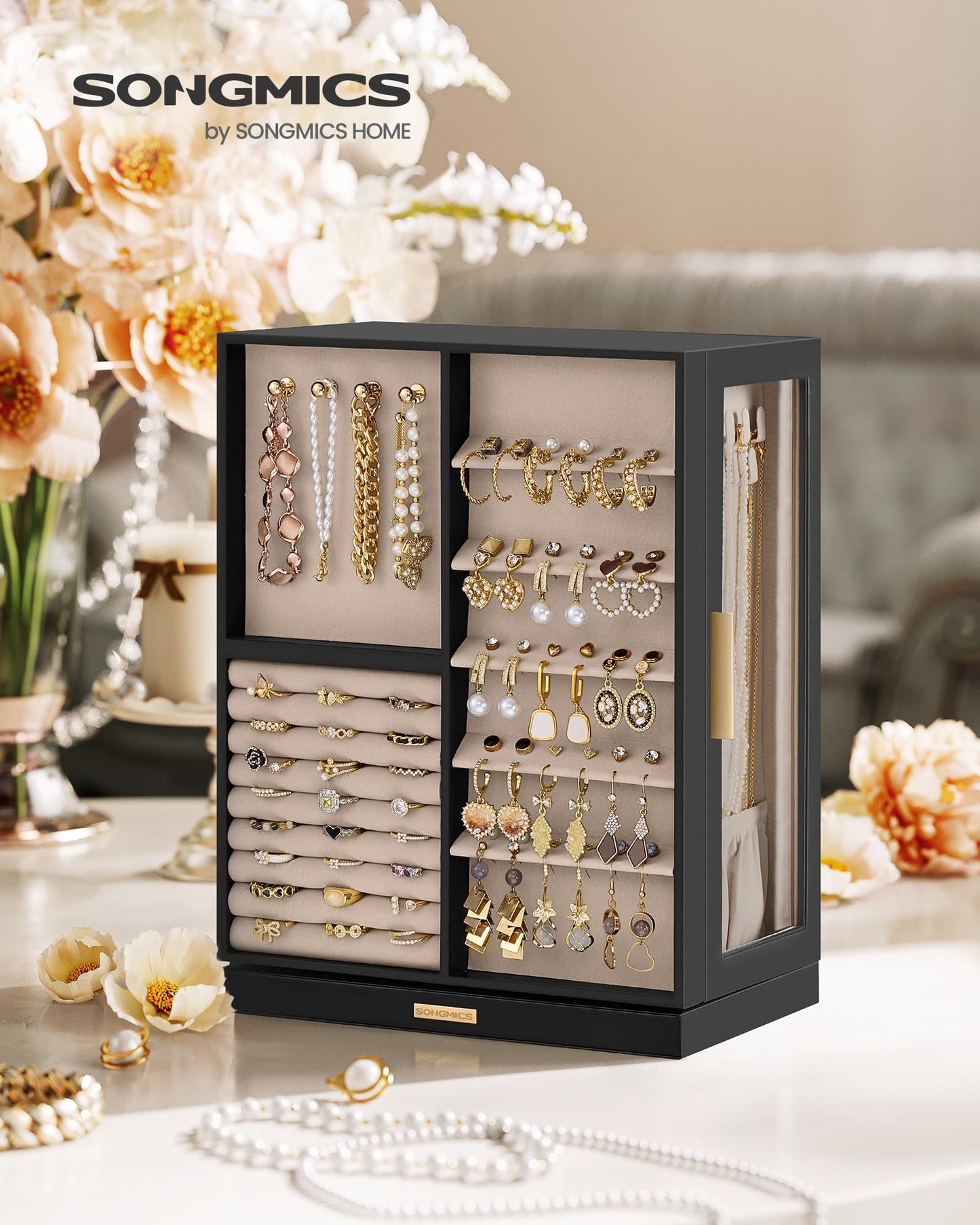 SONGMICS GISELLA Collection - Jewelry Box 360° Rotating, Jewelry Storage Case with 7 Drawers, Jewelry Organizer, Glass Window, Open Design, Great Gift, Ink Black UJBC201B01