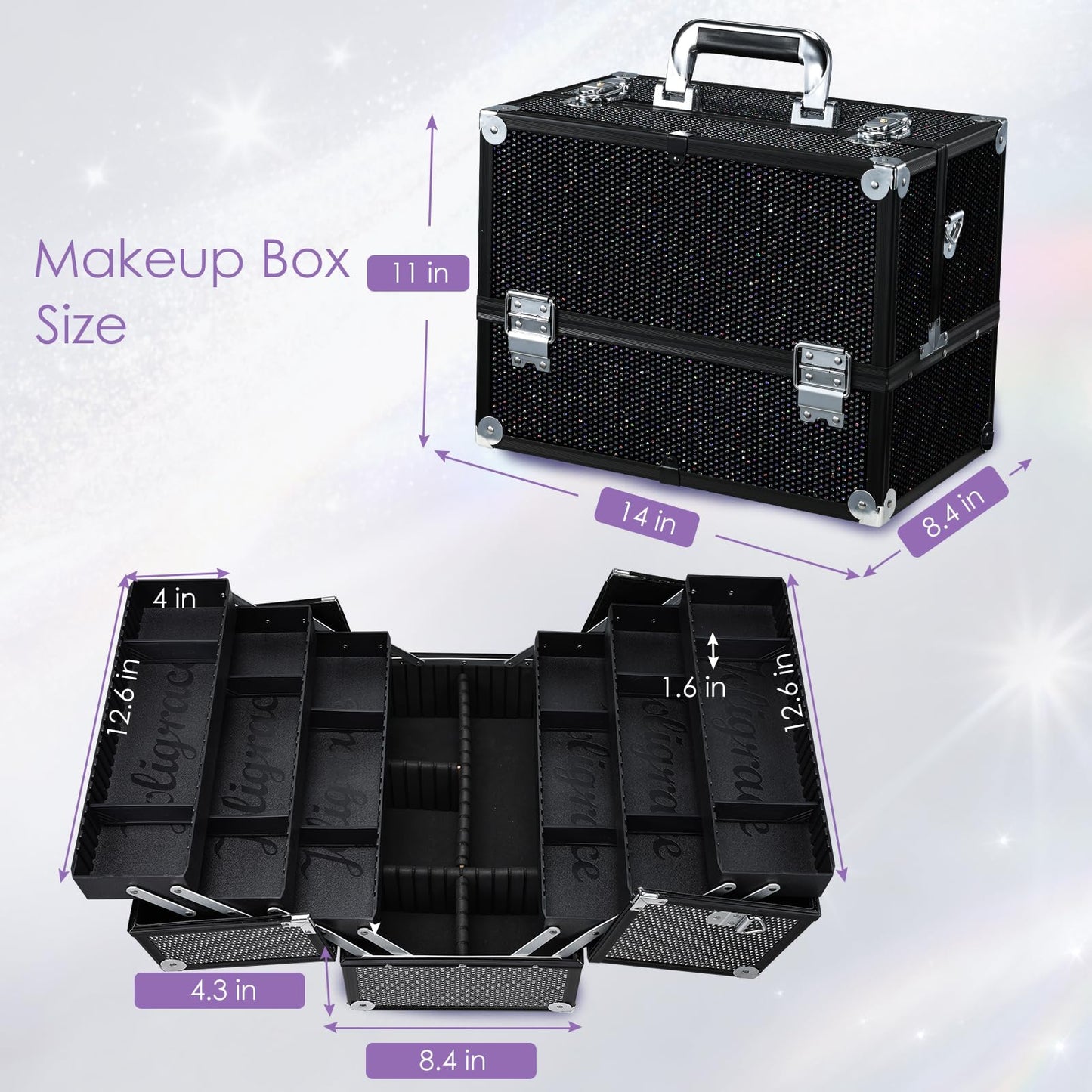Joligrace Makeup Train Case Large 6 Tray Professional Organizer Box - Cosmetic Make Up Carrier with Lock & Key Carrying Strap for Studio Artist & Stylist Black Rhinestone