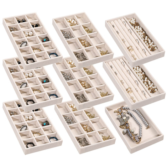 Frebeauty Jewelry Organizer Tray,Stackable Velvet Jewelry Trays,Drawer Inserts Earring Organizer For Women Jewelry Storage Display Case for Rings Stud Necklaces,Set of 9(Beige)