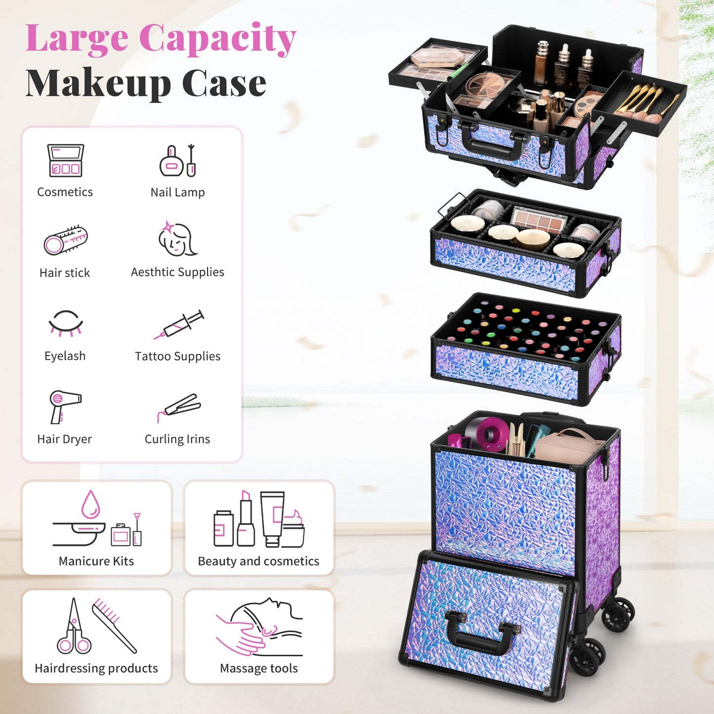 JINGUAN Profesional Rolling Makeup Train Case with Lid, 5 in 1 Cosmetology Case on Wheels, Large Cosmetic Trolley Organizer Travel for Hairstylist Artist Nail Beauty Salon Barber, Gravel Purple