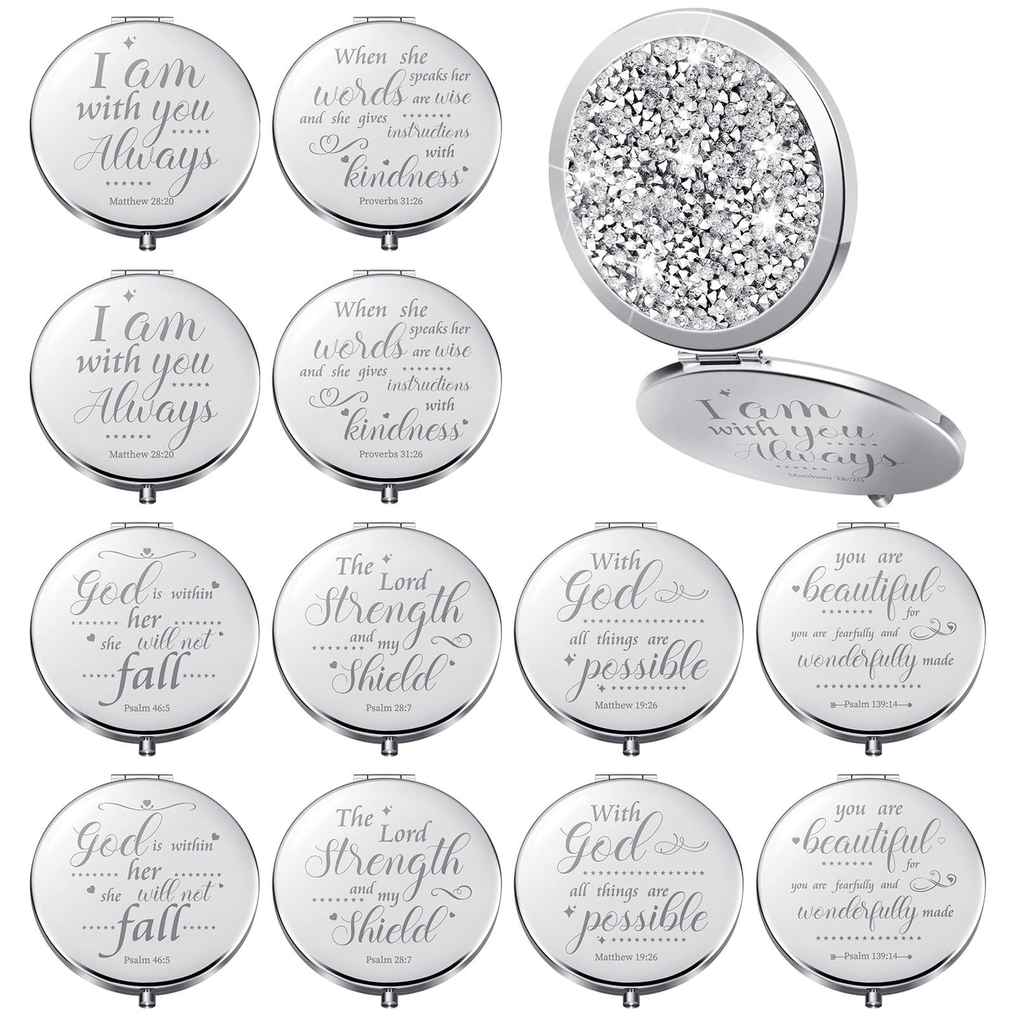 Thyle 12 Pcs Compact Mirror Bulk Gifts Christian Pocket Mirror for Confirmation Favors Catholic VBS Women Bible Verse Wallet Makeup Compact Religious Baptism(Same,Silver)